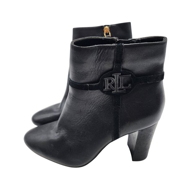Ralph Lauren Marleigh Black Leather Ankle Booties With Block Heel & Side Zipper - Picture 4 of 7
